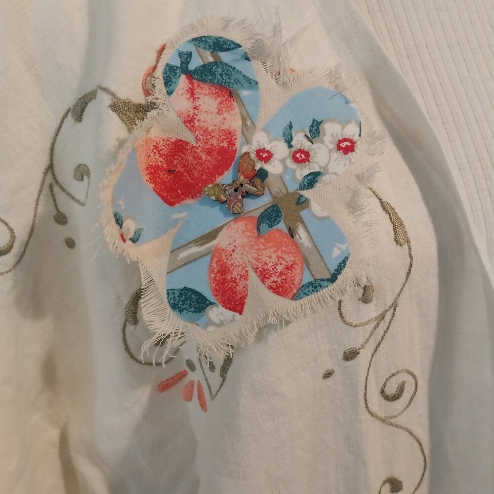 3481 Size XL Long Duster Upcycled from Embroidered Linen /Cotton Tablecloths, . - Picture 11 of 14